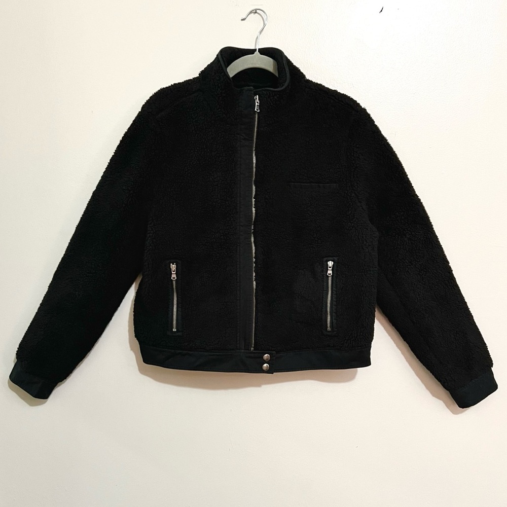 LOFT Plush Black Faux Fur Sherpa Mid-Length Mock-Neckline Jacket